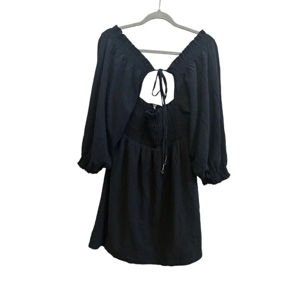 Free People Smocked Mini Dress This Is Everything Black Boho Sz‎ Medium NEW